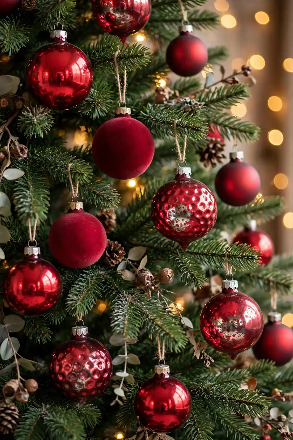 Heirloom Red Glass Baubles Heirloom red glass baubles in shiny and mercury finishes hanging on a Christmas tree, nostalgic vintage Christmas decor
