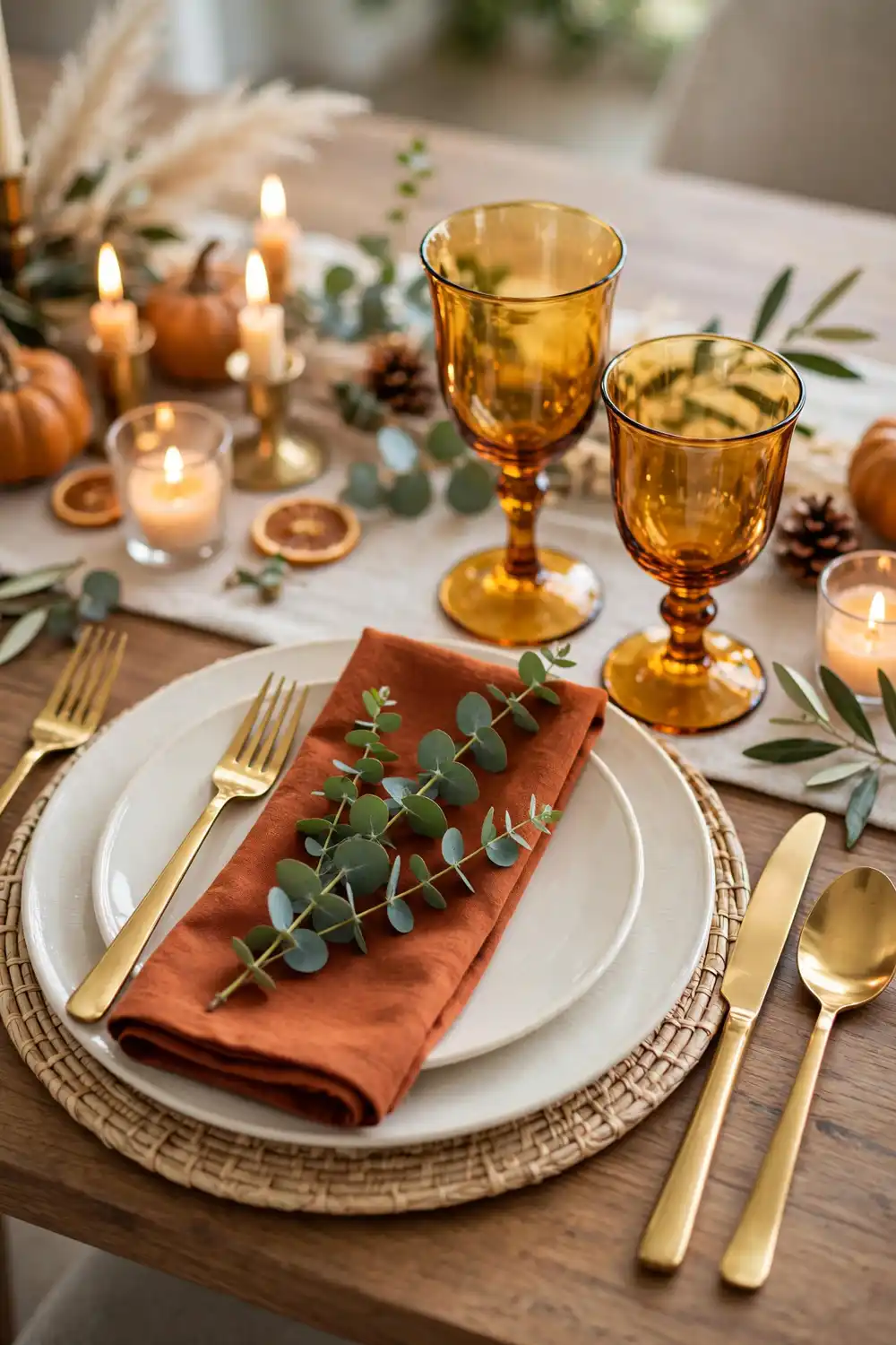 Amber Glass and Gold Flatware Place Setting | Smart Decor Finds Elegant Thanksgiving table decor place setting with amber glass goblets and gold flatware