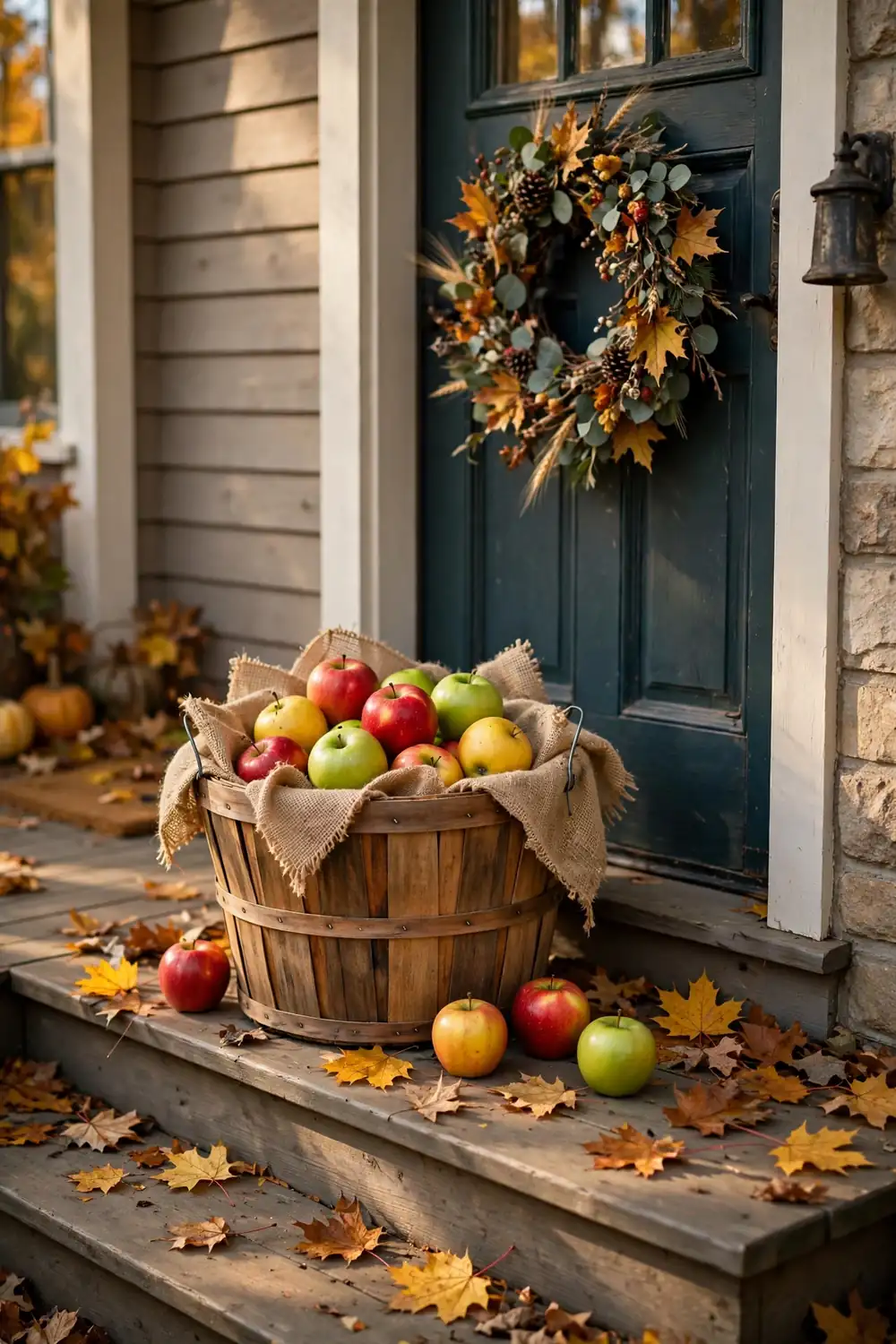 Wooden bushel basket of red and green apples on porch steps, a harvest favorite among fall front door decor ideas