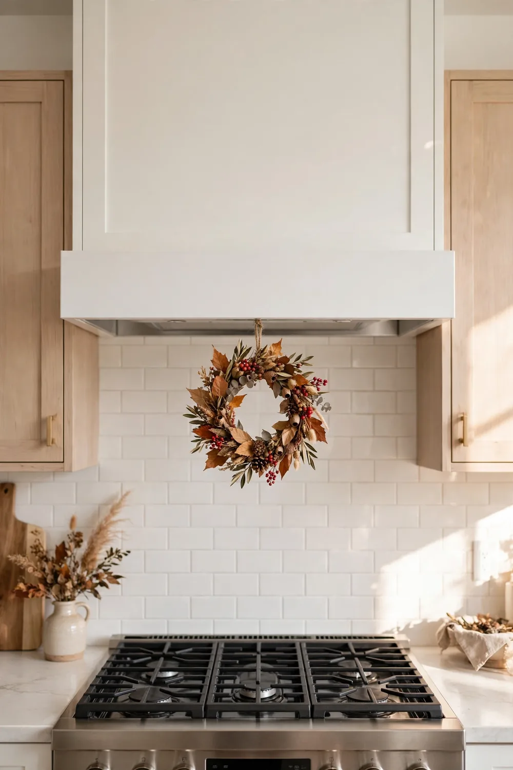 Autumn Wreath Range Hood Small autumn wreath with dried leaves hanging on a white range hood, Thanksgiving kitchen decor