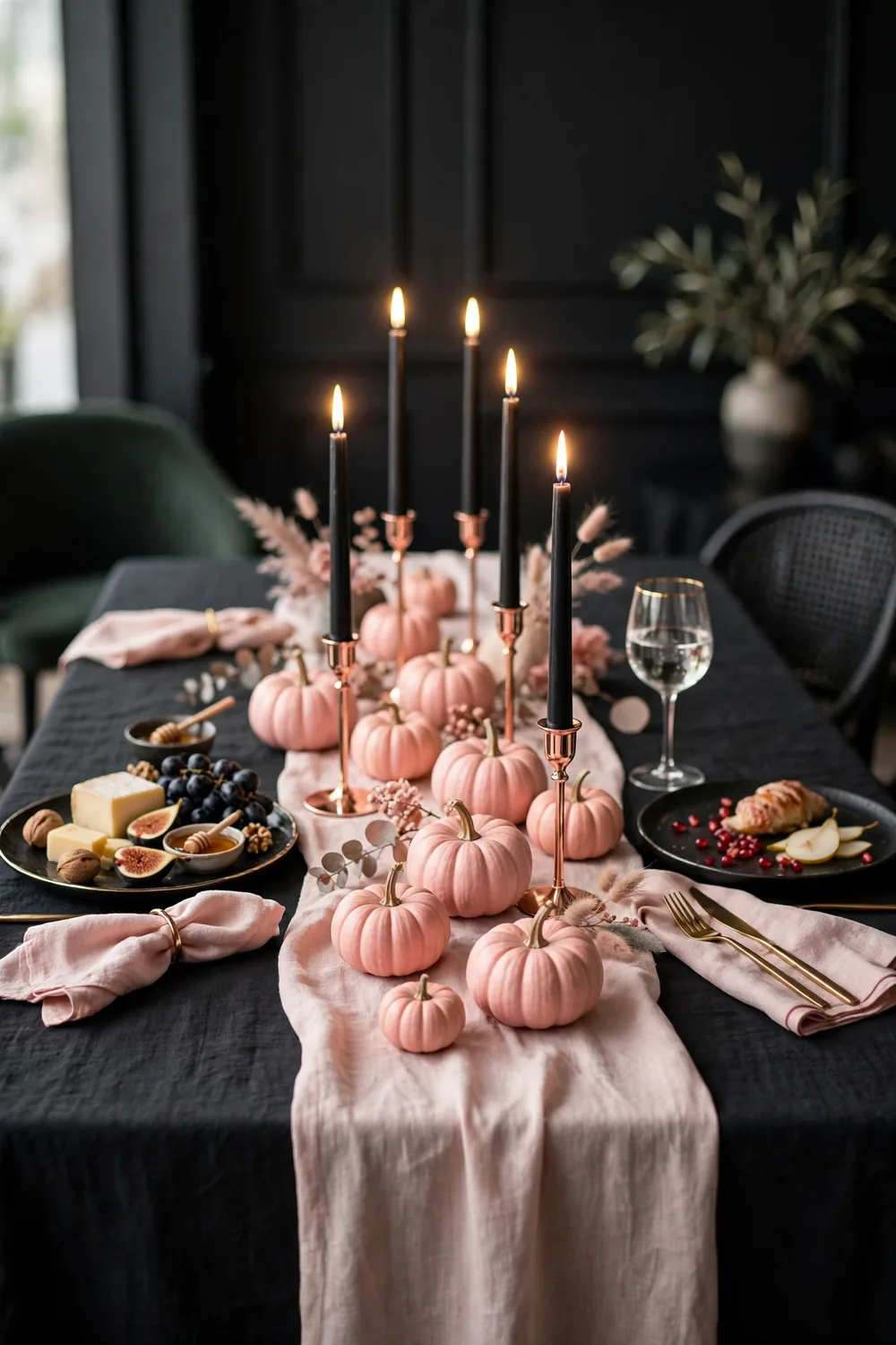 Blush pink and black Halloween tablescape with candles and a runner, elegant pink halloween decor ideas for parties