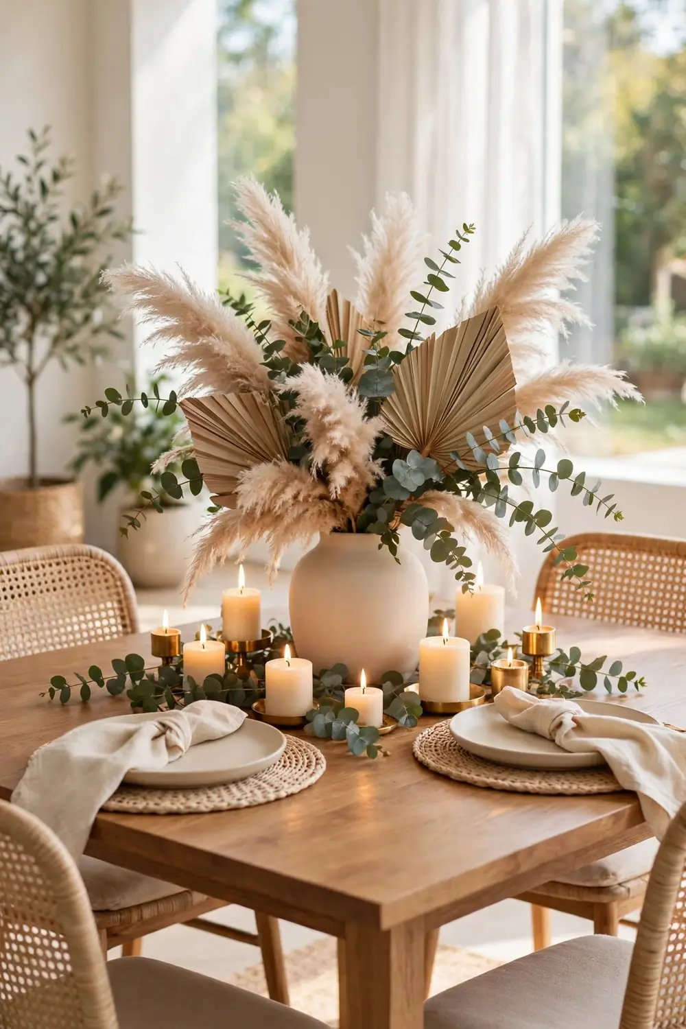 Boho friendsgiving table decor ideas with pampas grass and glowing candles