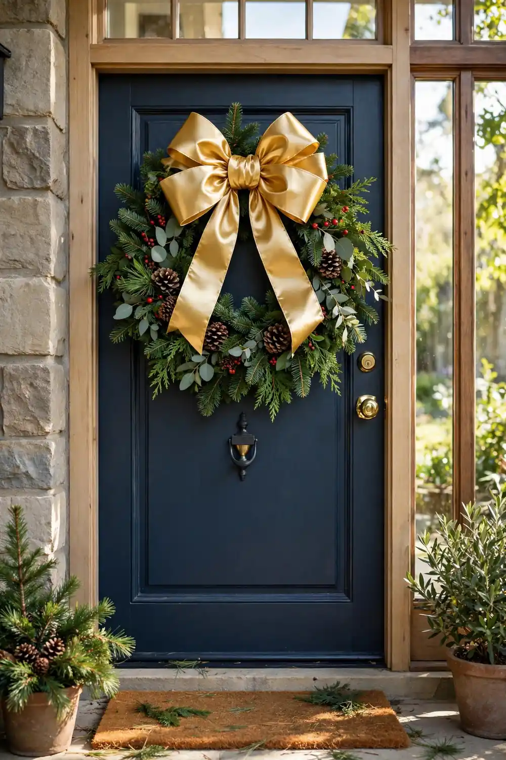 Lush evergreen Christmas wreath with a huge gold satin bow hanging on a front door in bright daylight
