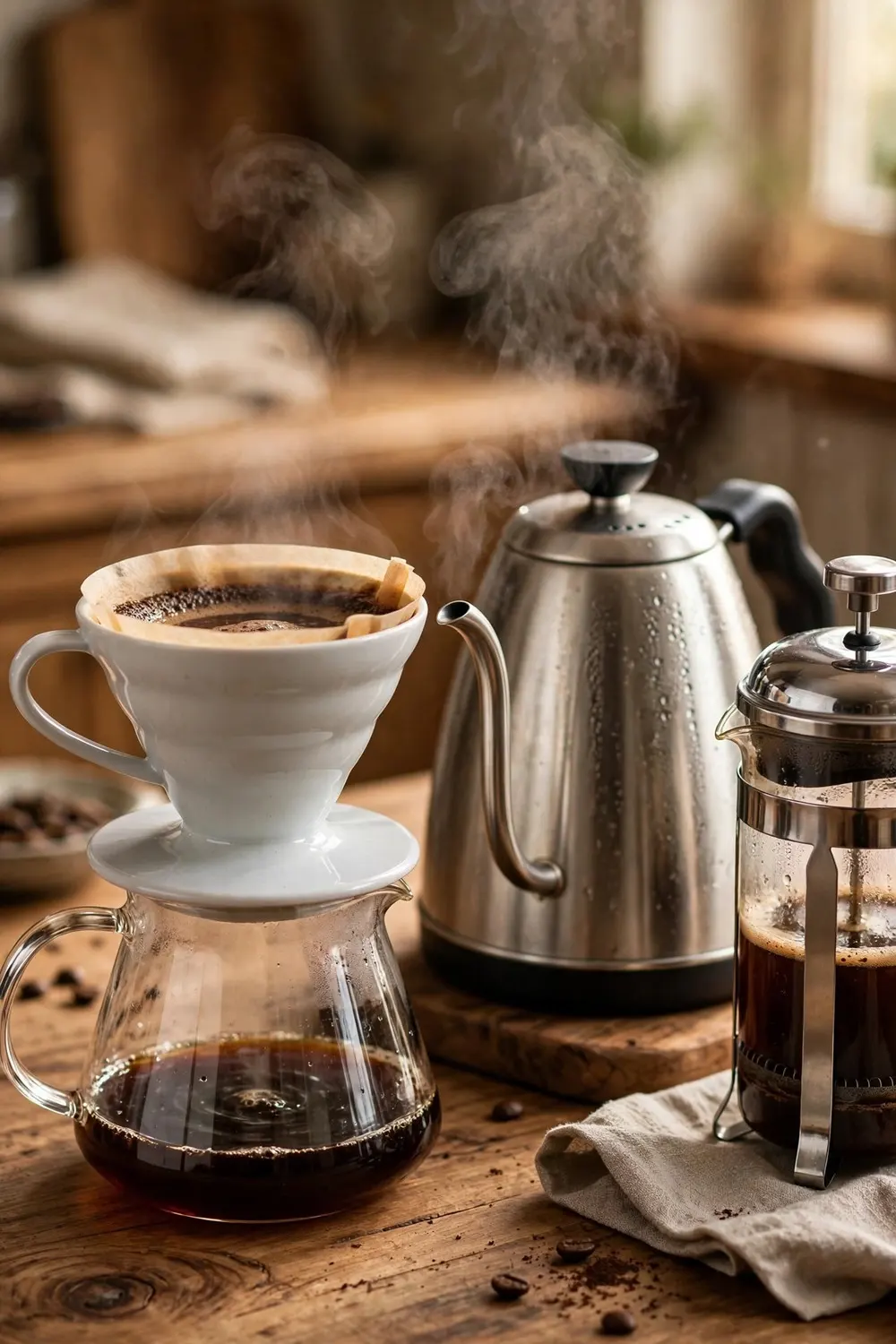 How to set up a coffee station at home with pour over brewer and french press