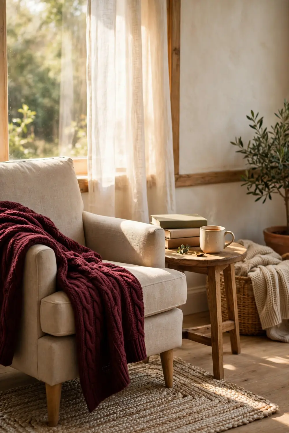 Chunky knit throw blanket in deep burgundy draped over the arm of a beige reading chair beside a side table with books