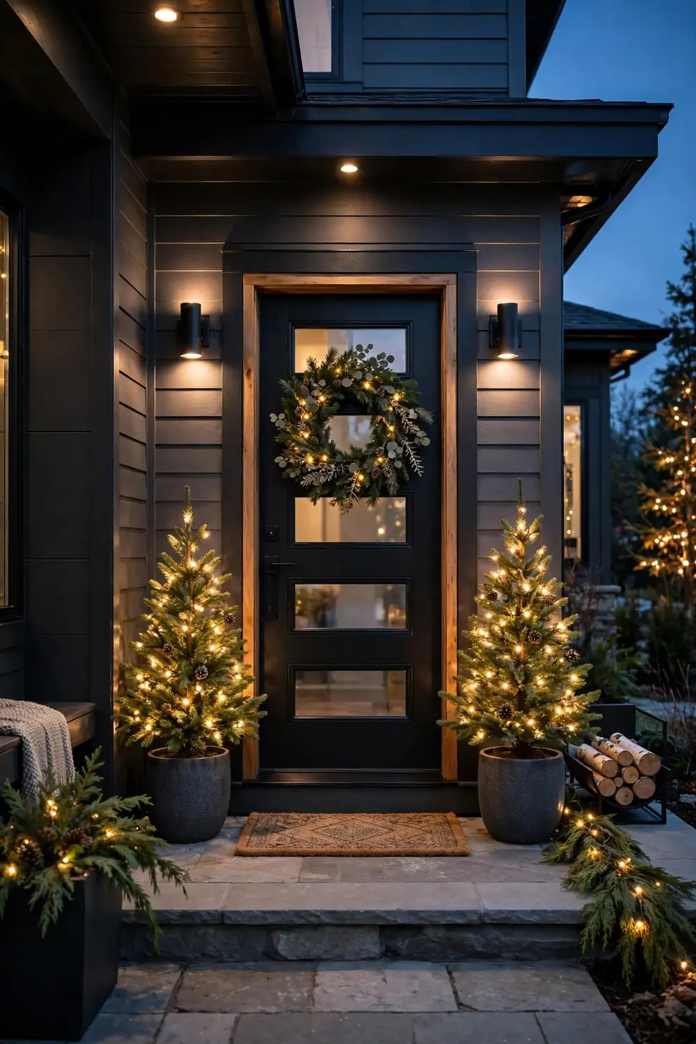 Flanking Mini Christmas Trees With Lights Christmas Porch Decor Idea Two mini Christmas trees with lights flanking a front door, a charming christmas porch decor idea