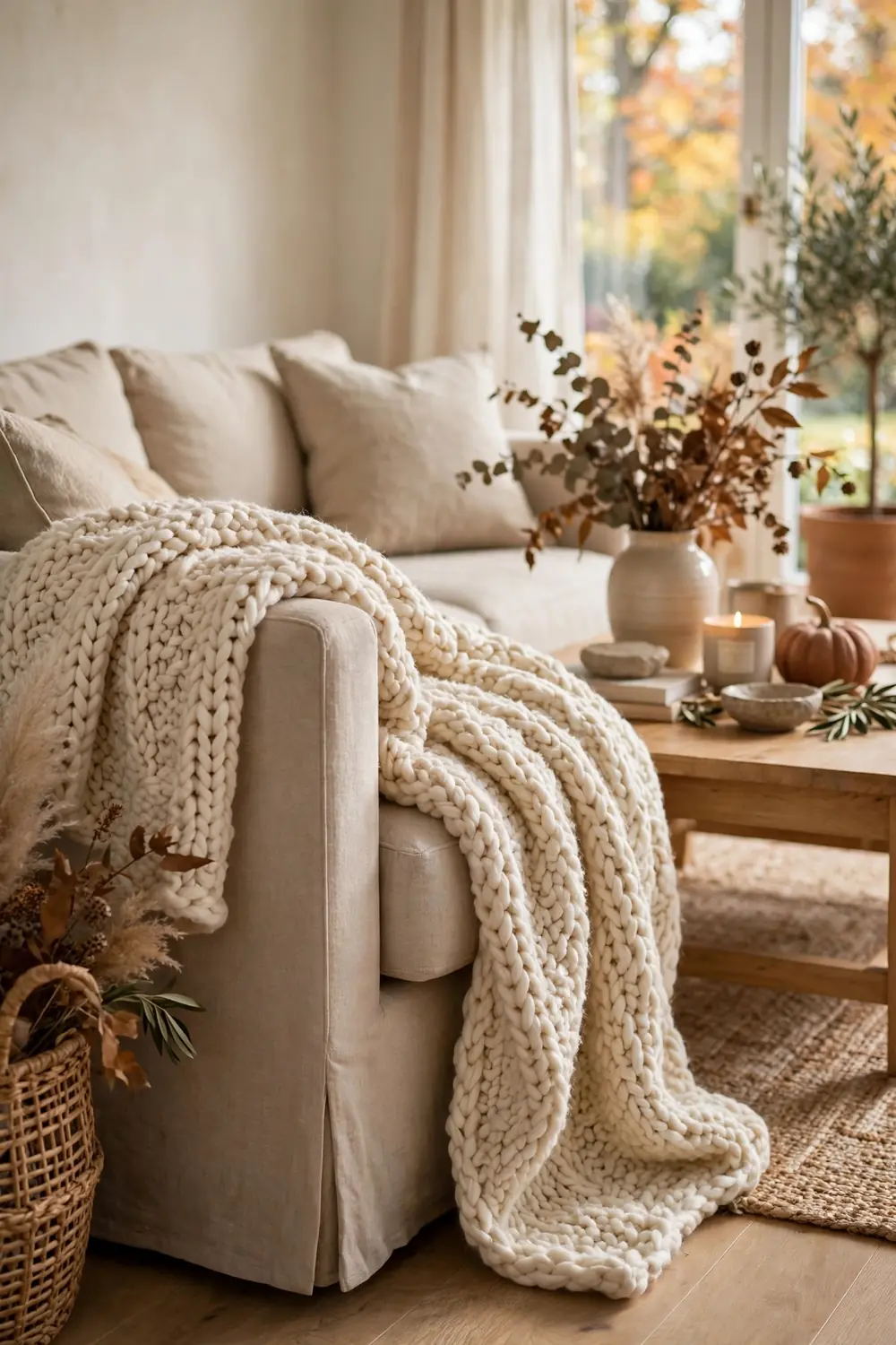 Cream chunky knit throw blanket draped over a sofa arm, a cozy fall living room decor idea