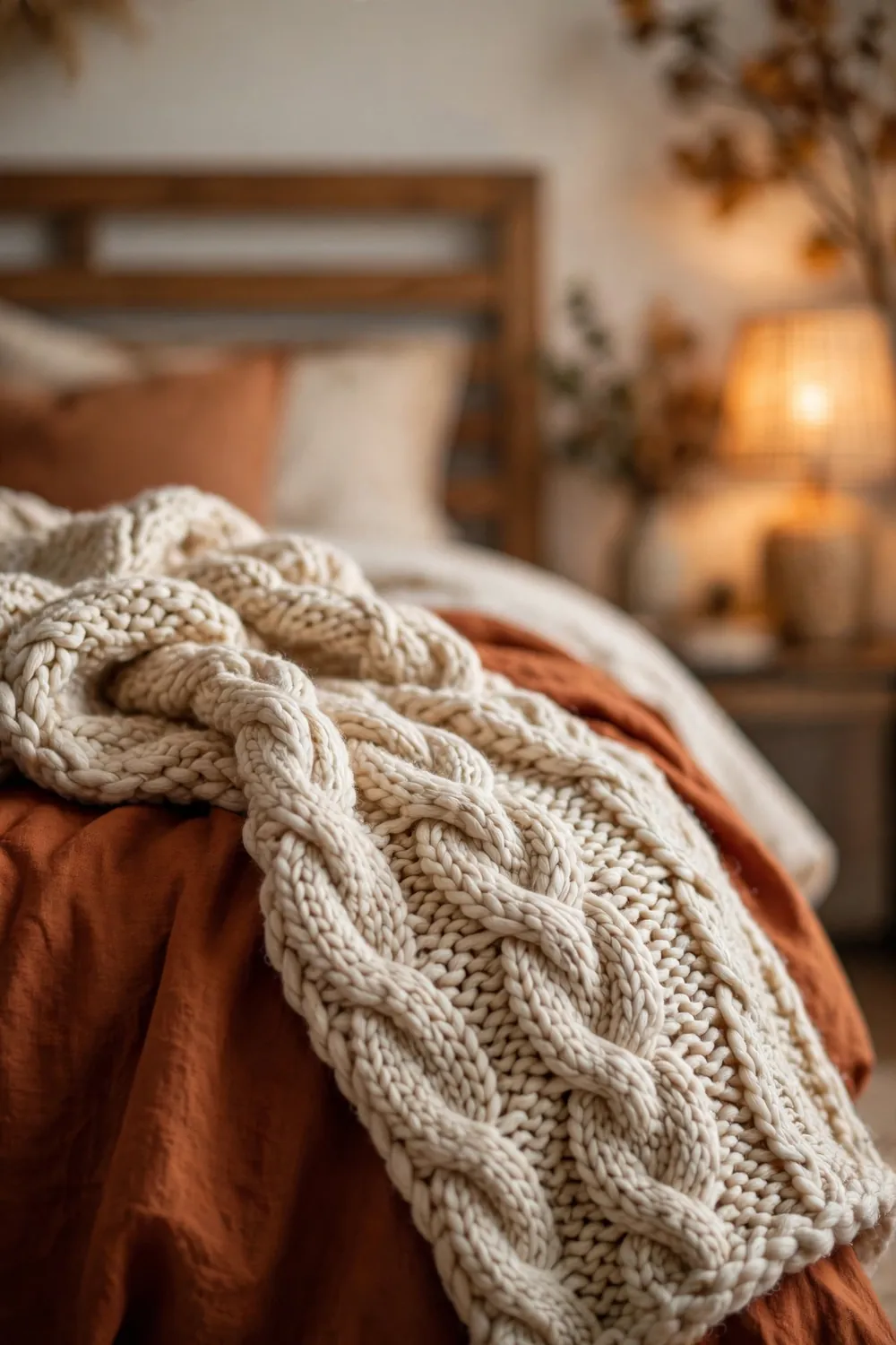 Chunky Knit Throw Blanket Chunky cream knit throw blanket draped over rust bedding in a cozy fall bedroom decor idea