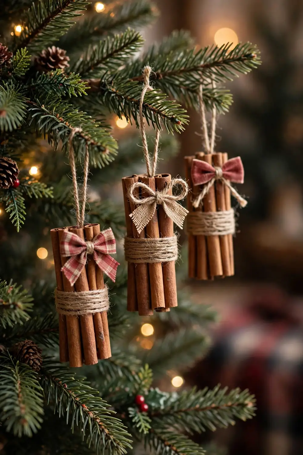 Cinnamon stick bundle ornament tied with twine, a fragrant diy christmas ornament idea