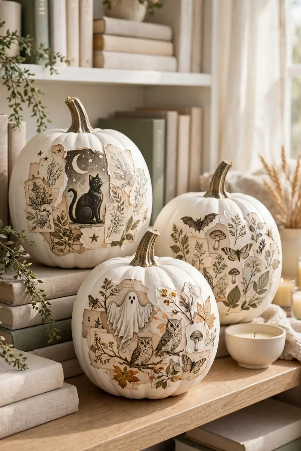 White pumpkins decorated with vintage Halloween prints using decoupage technique on a bookshelf