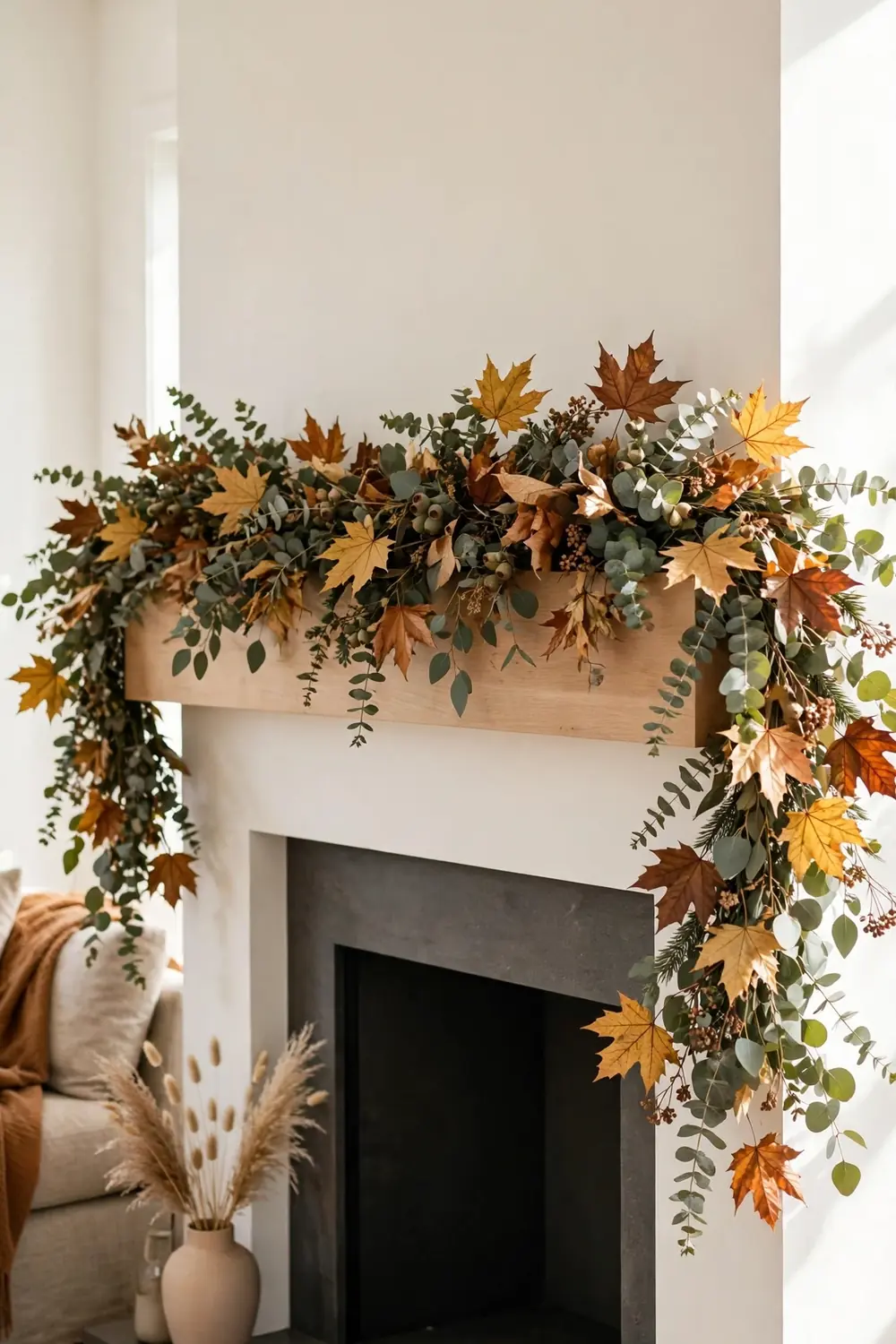 Eucalyptus and dried leaf mantel garland Thanksgiving mantel decor with a layered eucalyptus and dried leaf garland