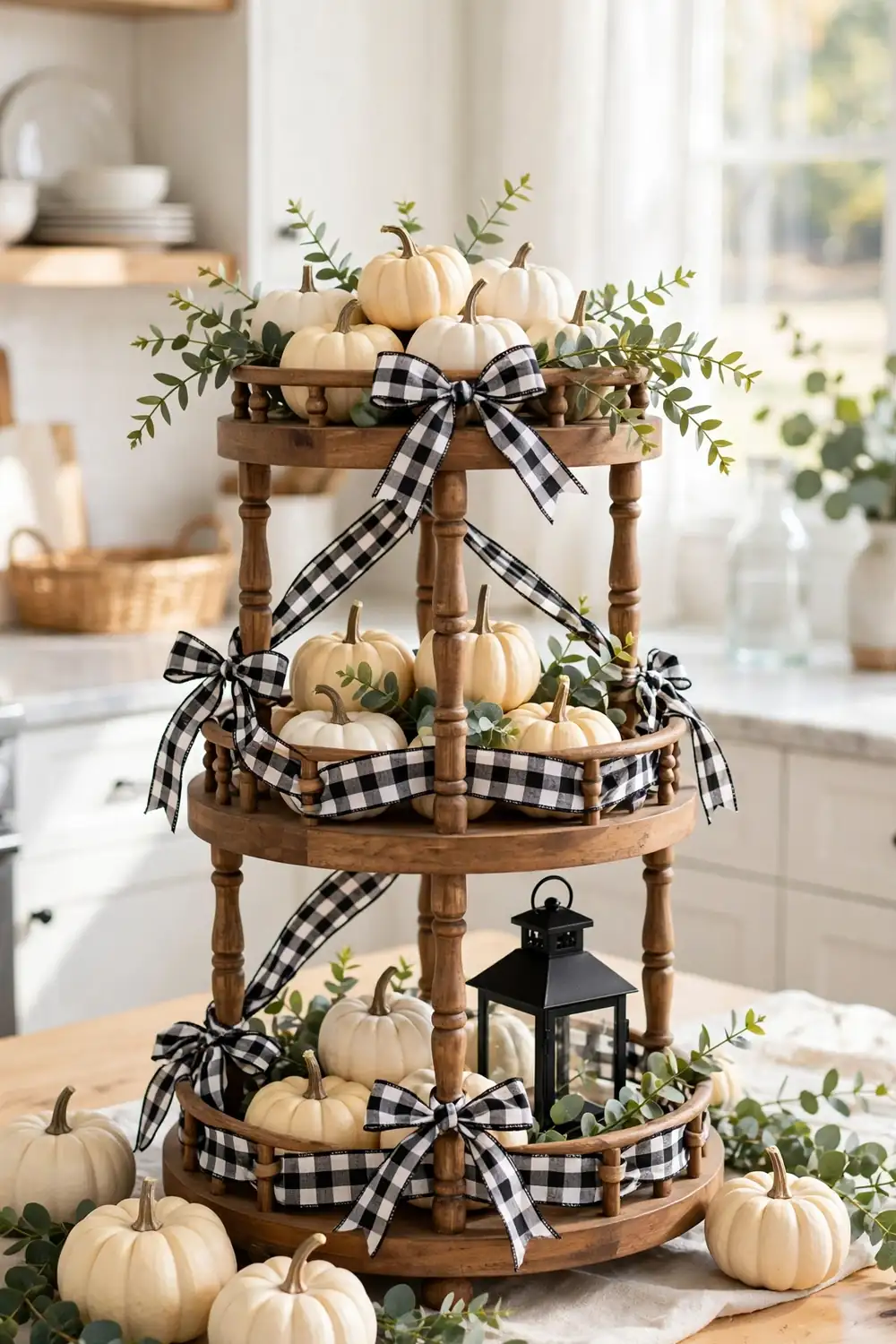 Fall tiered tray decor with buffalo check ribbon bows and small white pumpkins