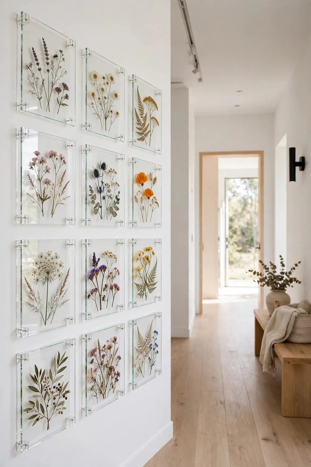 Framed pressed flower botanical wall art in glass float frames