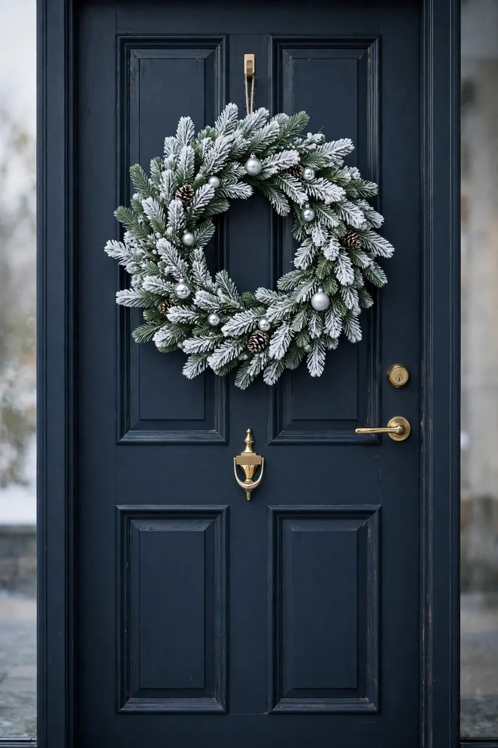 Frosted flocked Christmas wreath ideas with snowy white branches on a dark front door