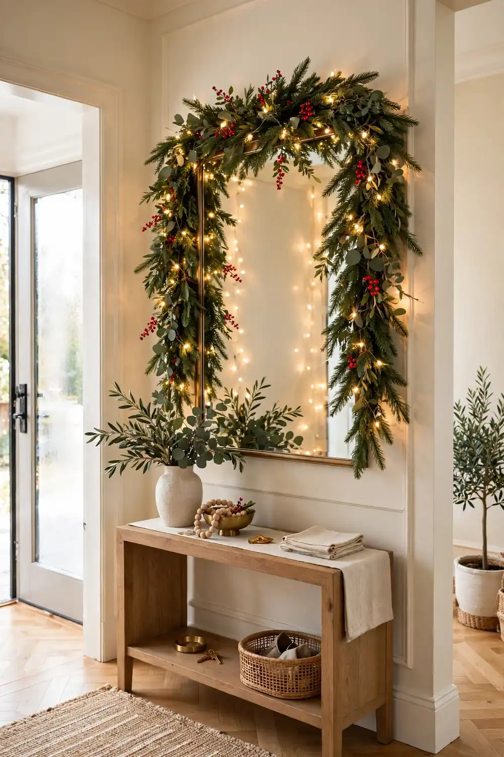 Evergreen garland with warm fairy lights draped over an entryway console mirror
