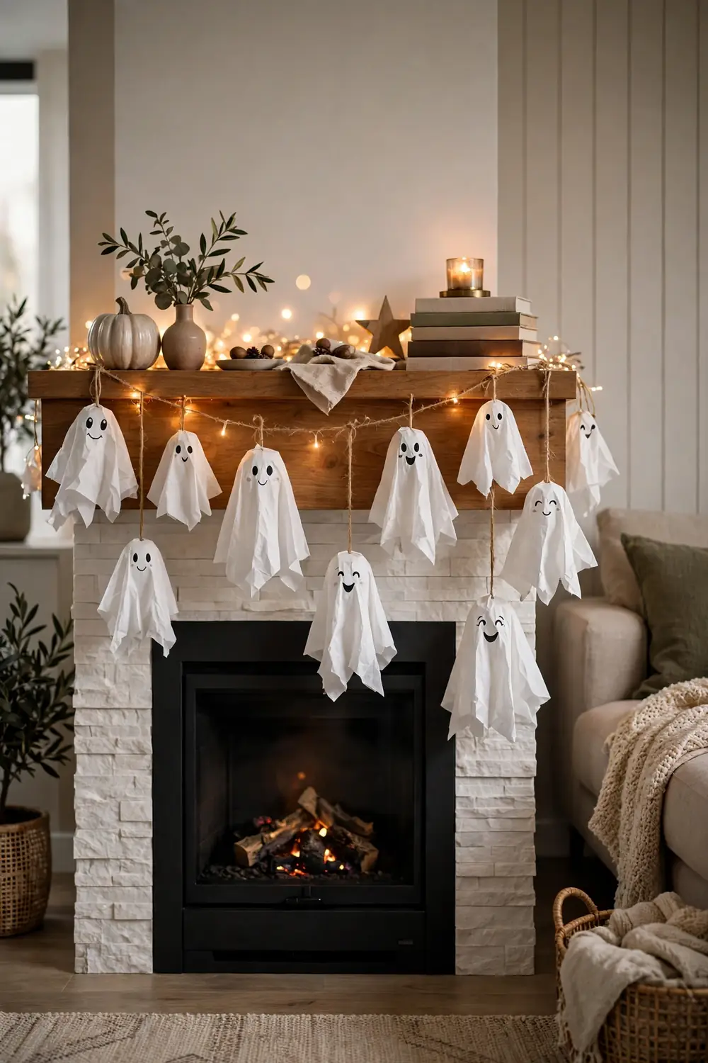 Tissue paper ghost garland strung across a mantel, a sweet last minute halloween decor idea