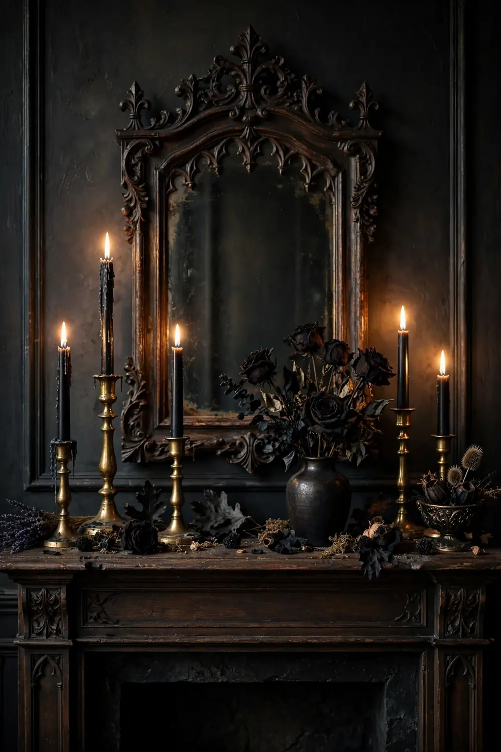 Moody gothic candelabra Halloween mantel decor Gothic Halloween mantel with black taper candles and vintage mirror