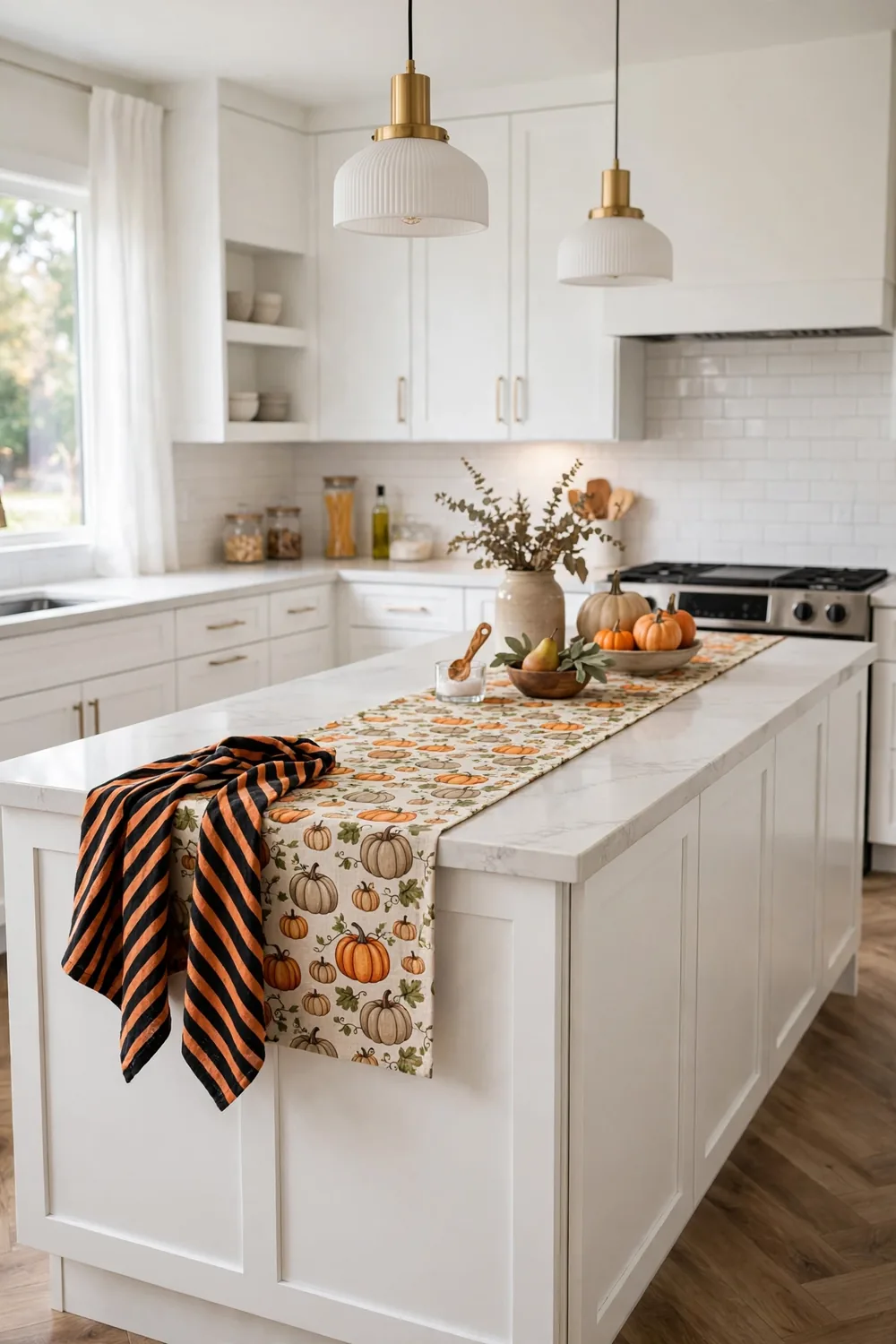 Halloween kitchen decor with black and orange striped dish towels and a pumpkin print runner on the island