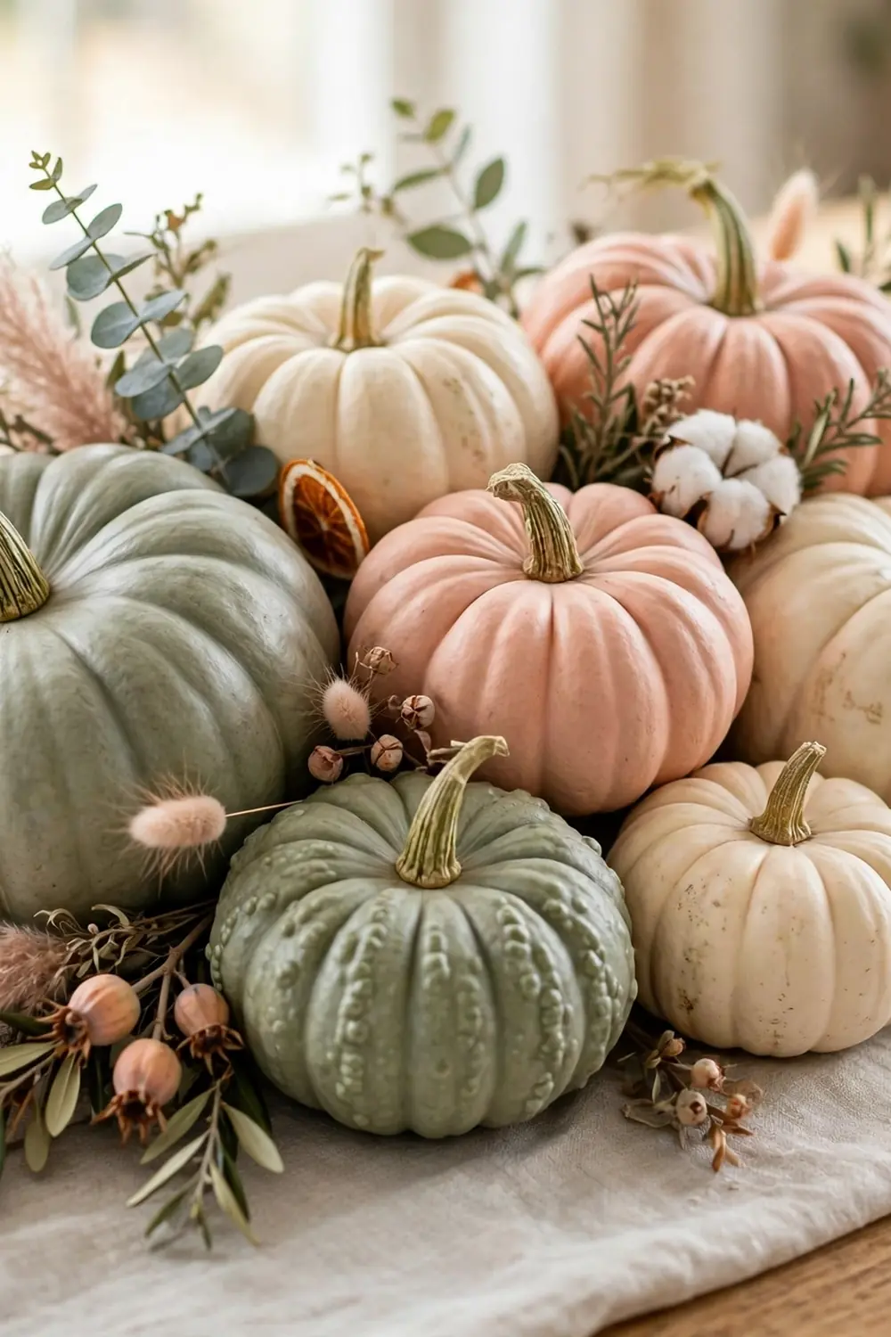 Heirloom pumpkins in sage cream and blush tones, thanksgiving centerpieces idea
