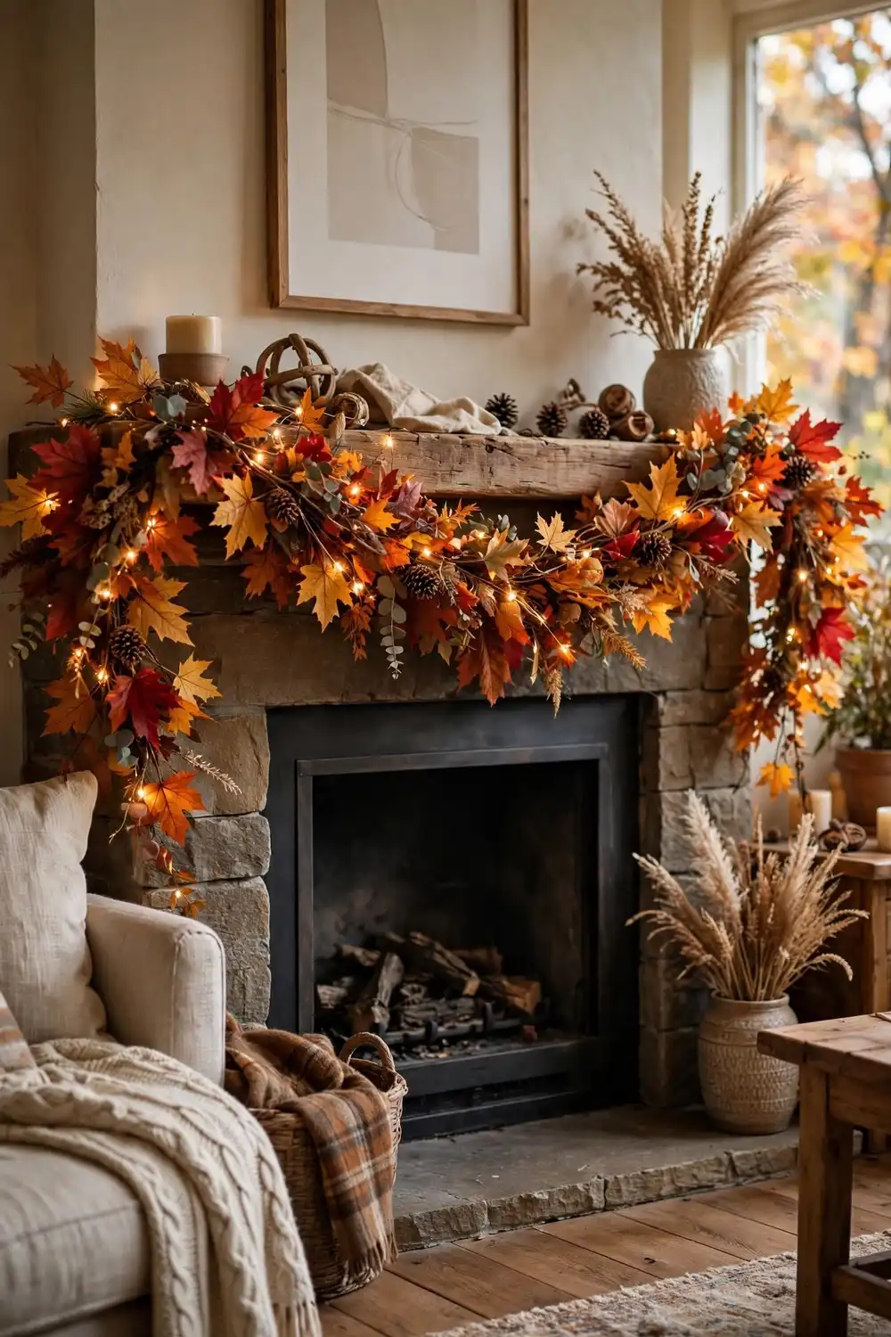 Dollar Tree Thanksgiving decor DIY fall leaf garland on mantel