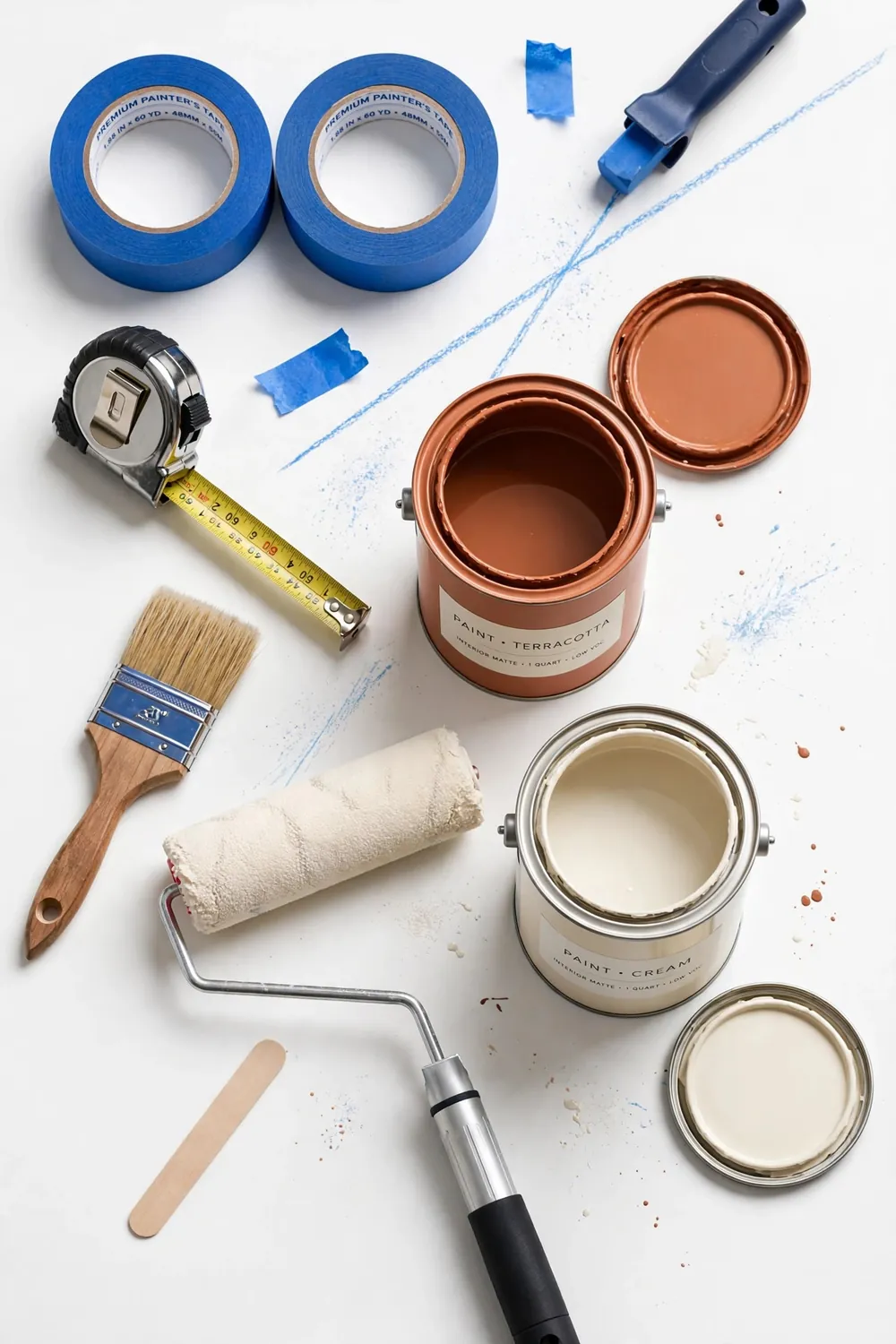 Striped ceiling DIY materials flat lay with tape paint and roller