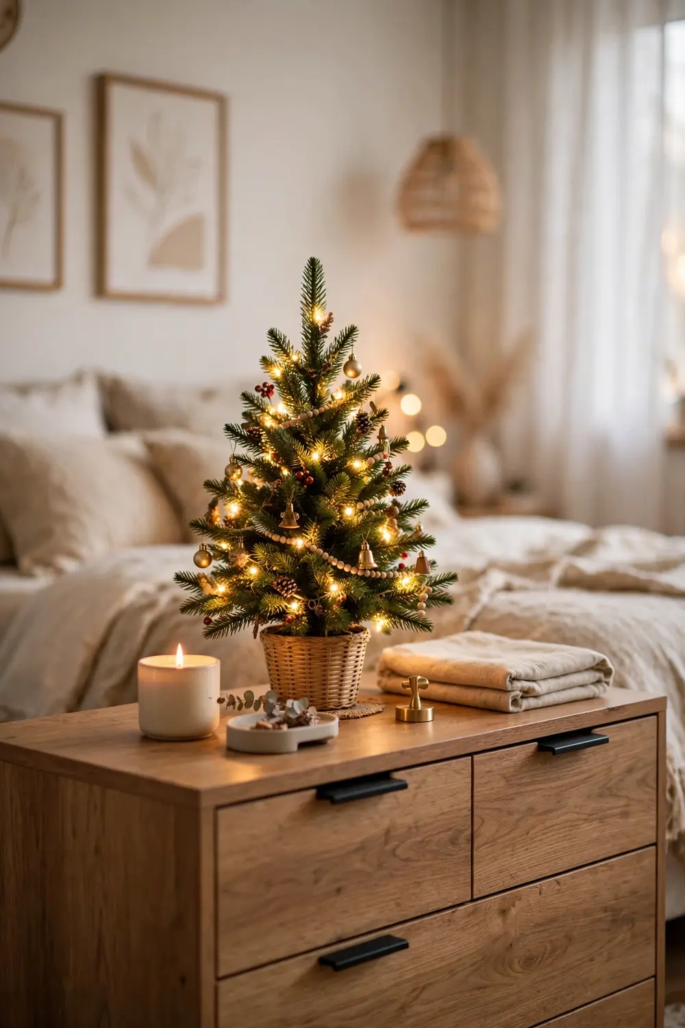 Mini Christmas tree styled on a bedroom dresser Small pre lit Christmas tree on a bedroom dresser as part of cozy christmas bedroom decor