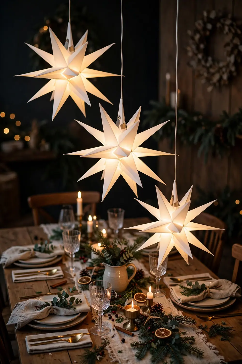 Glowing white Moravian paper star lanterns hanging over a Christmas dining table, Christmas star decor ideas