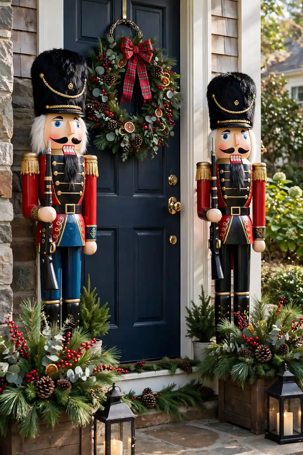 Oversized nutcracker christmas decor ideas flanking a front door with pine planters and lanterns