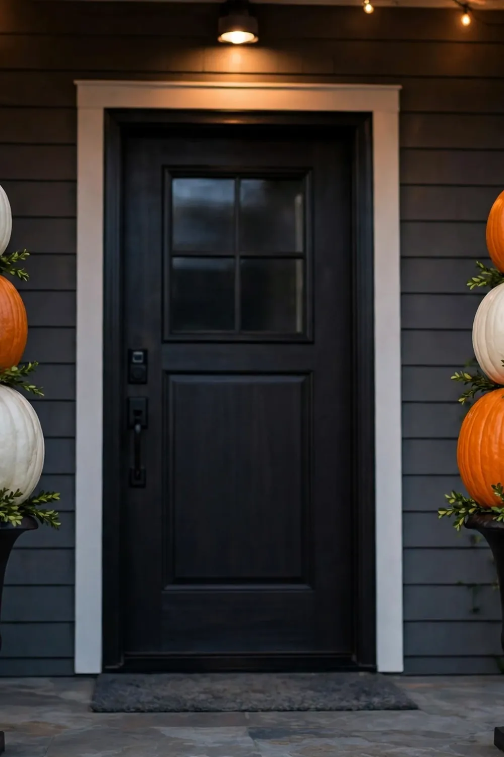 Pumpkin Topiary Pair Two elegant pumpkin topiaries on black urns flanking a dark front door, spooky-chic halloween front porch decor