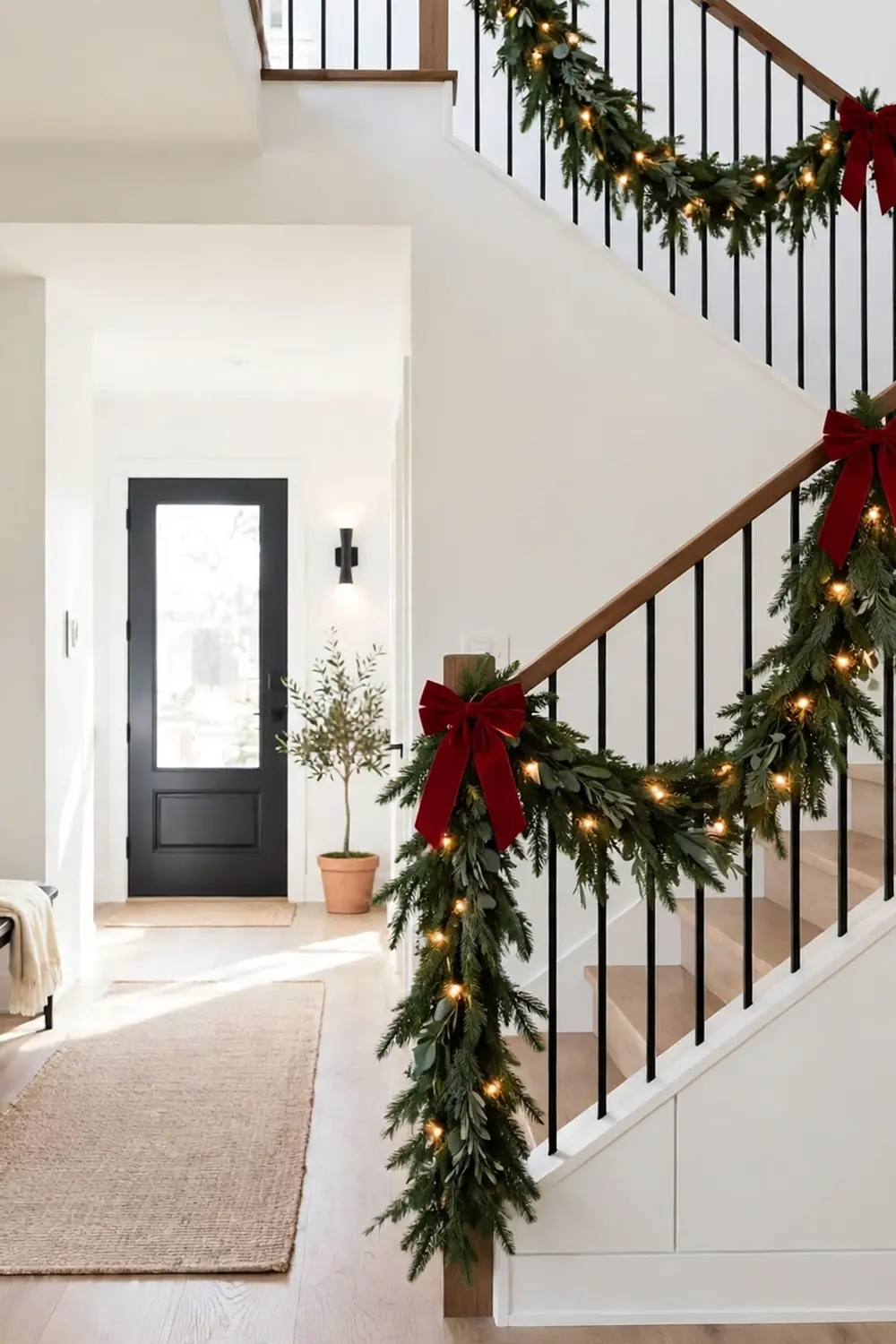Evergreen christmas garland ideas for a staircase banister with soft swags, warm lights and red velvet bows