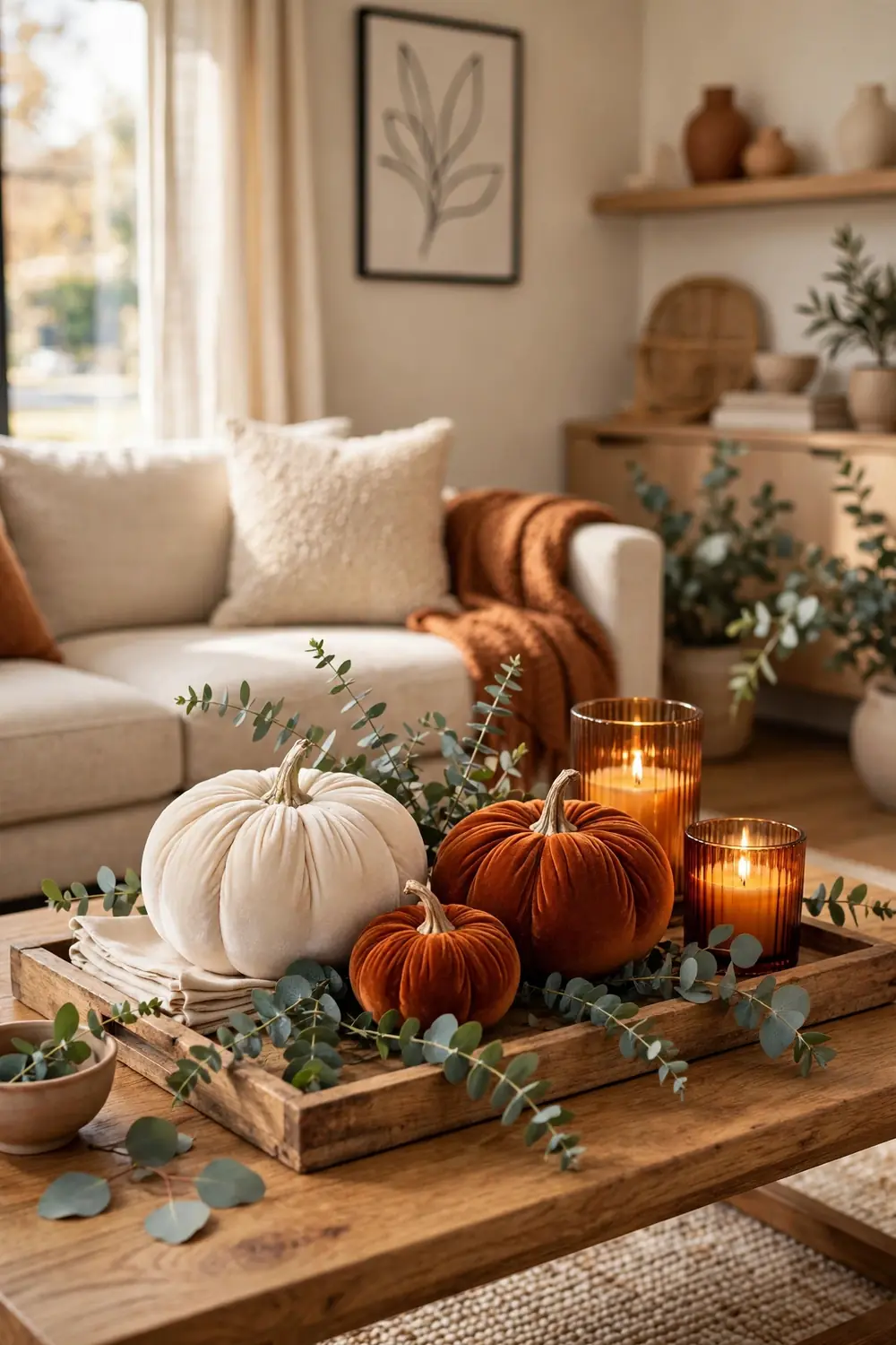 Coffee table styled with velvet pumpkins in fall colors for thanksgiving living room decor ideas