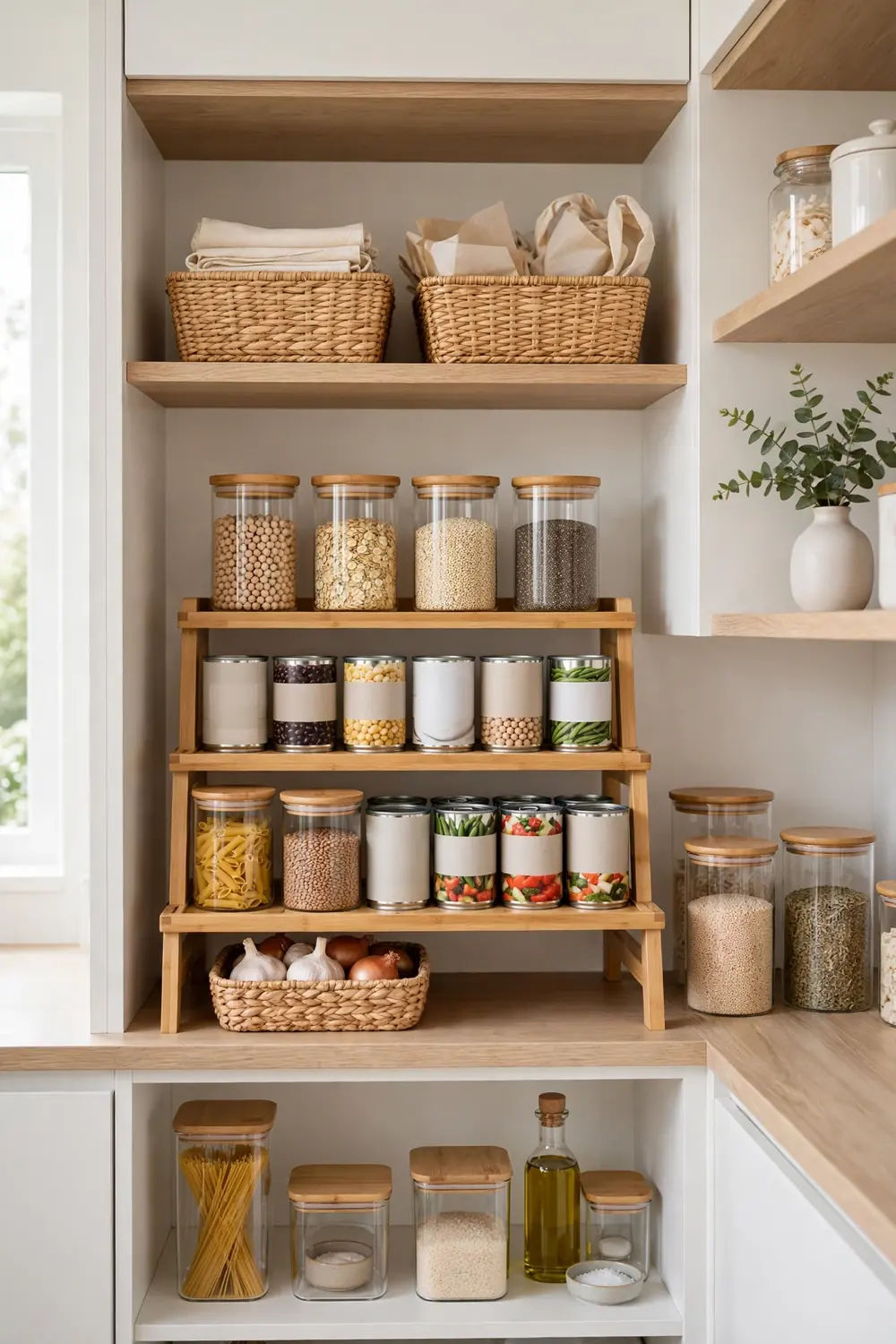 Pantry shelf with tiered bamboo risers holding canned goods and jars in neat rows