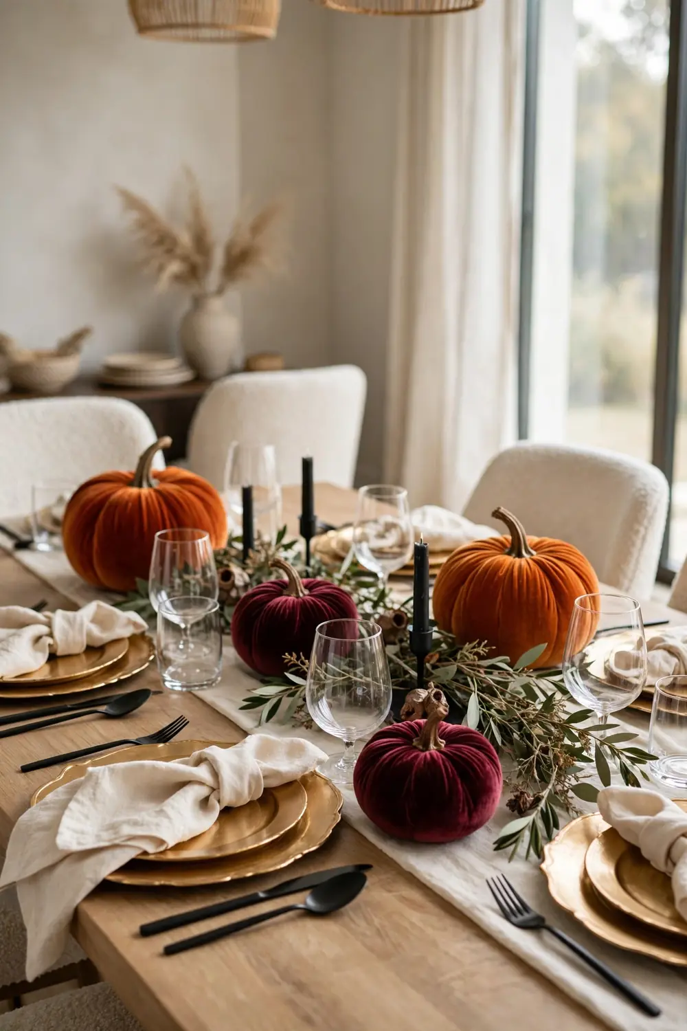 Stylish Halloween table decor with velvet pumpkins in burnt orange and burgundy with gold chargers