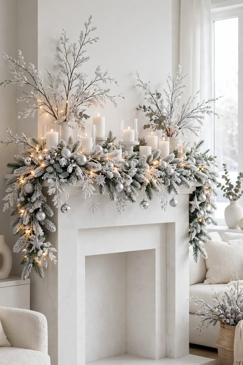 White winter wonderland Christmas mantel decor ideas with frosted branches and fairy lights