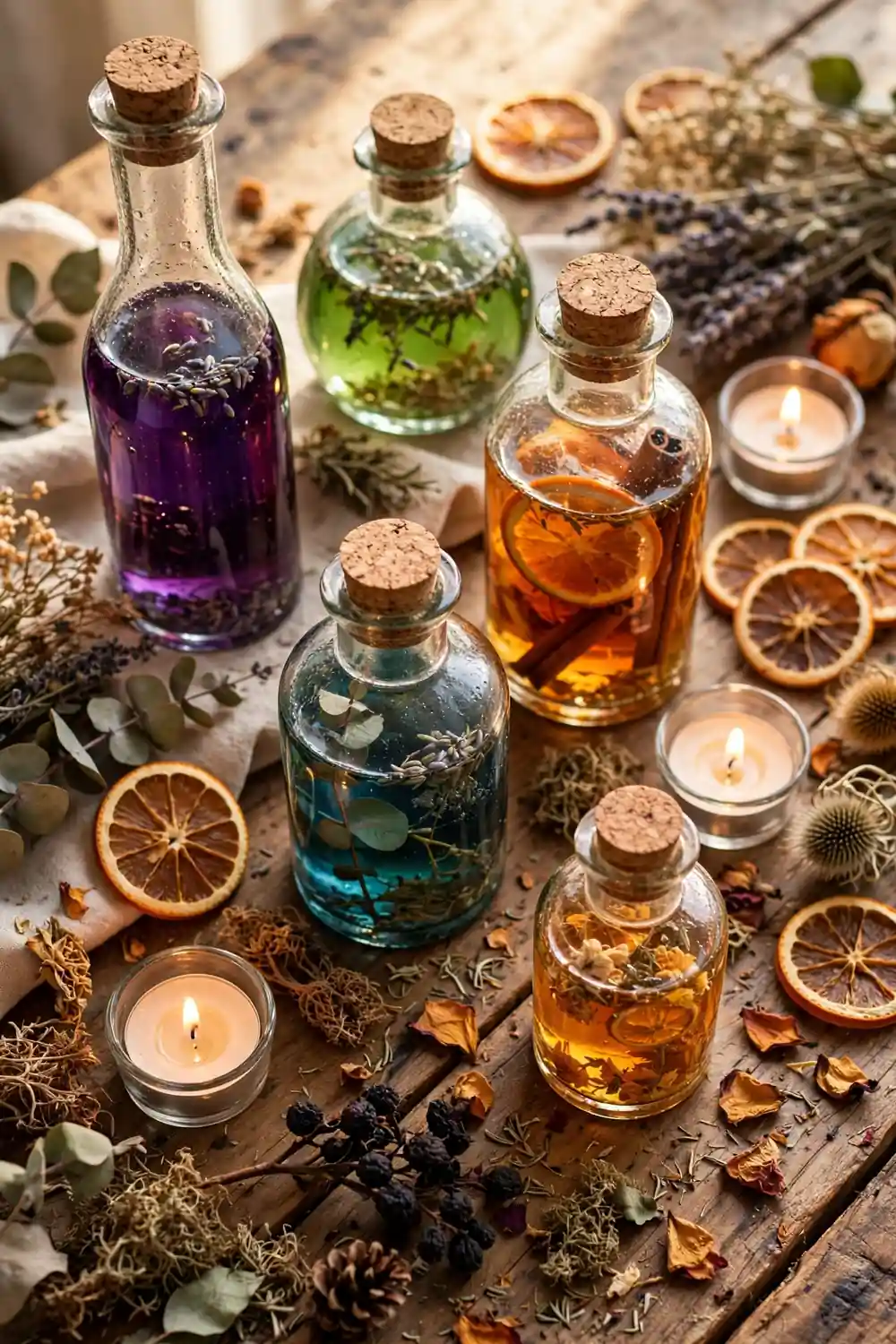 Spooky Halloween table decor with vintage apothecary bottles, potions and flickering candles