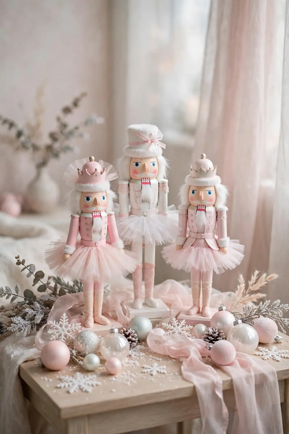 Ballet inspired nutcracker christmas decor ideas in soft pink and white with pastel ornaments
