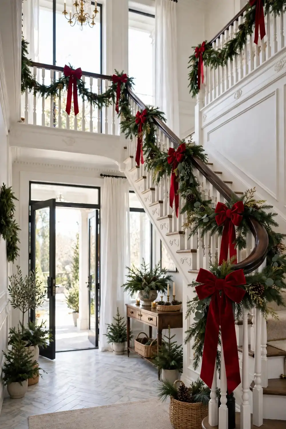 Elegant staircase banister wrapped with evergreen garland and large red velvet bows tied at each turn in a bright foyer