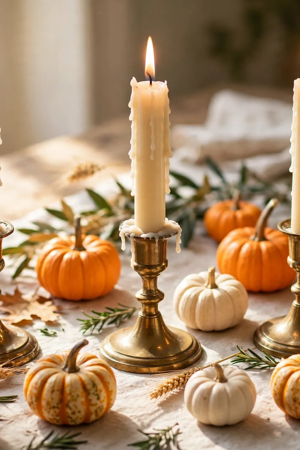 Brass taper candles with mini pumpkins on a table, a thanksgiving centerpiece idea