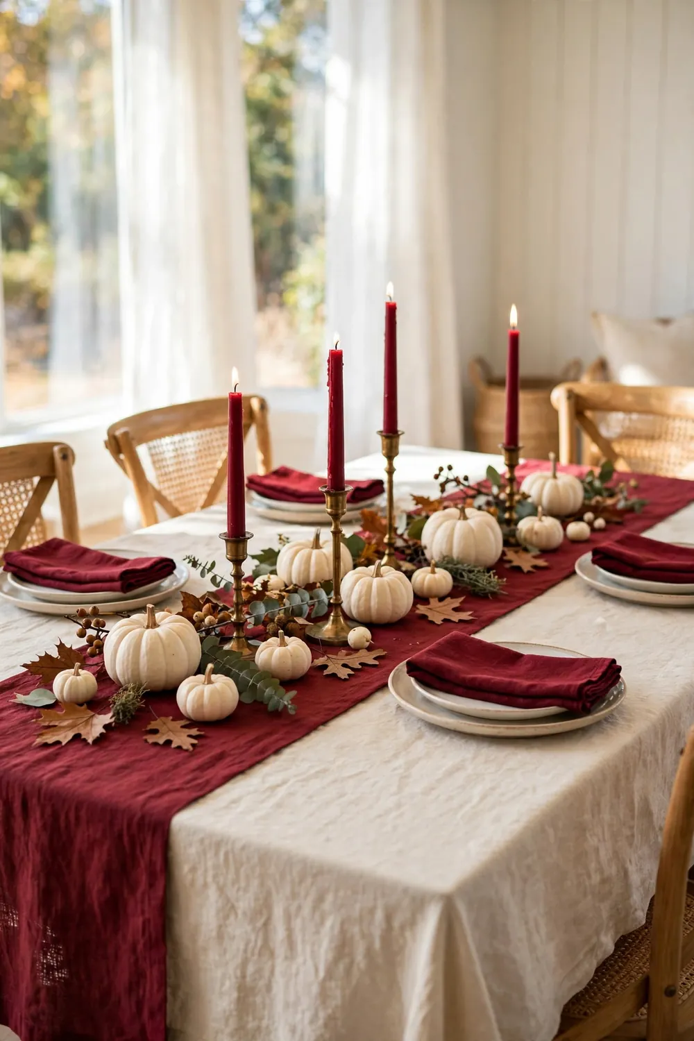 Elegant fall dining table with cream linen tablecloth, burgundy napkins and runner, deep red taper candles in brass holders, and small white pumpkins