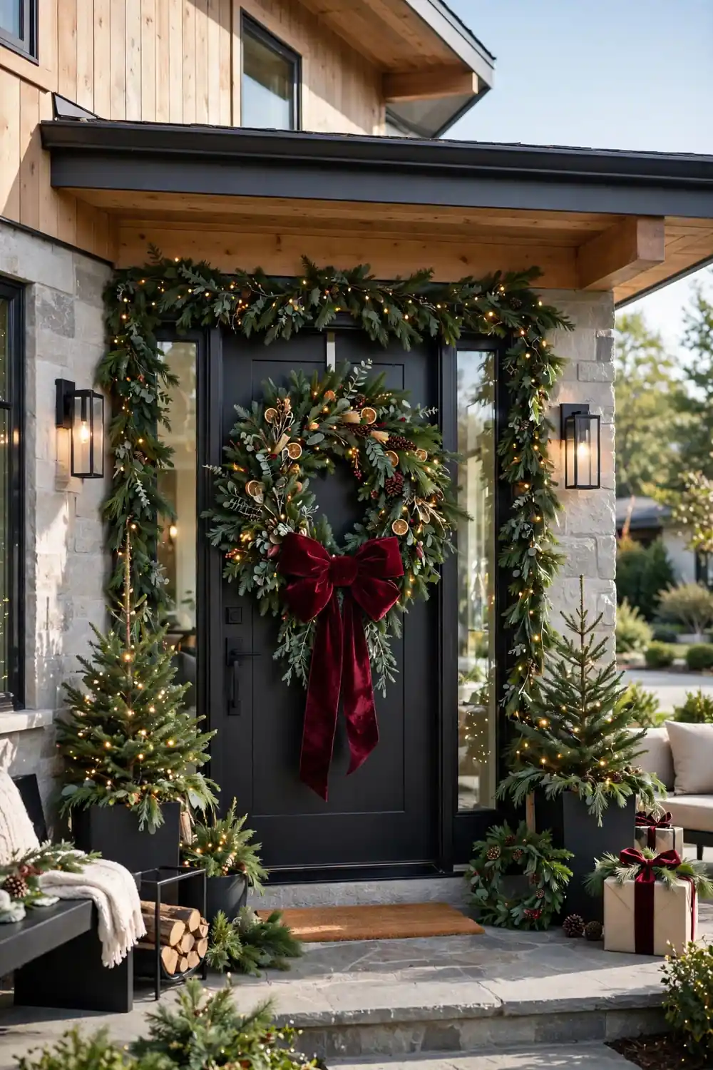 Oversized Wreath With a Velvet Bow Christmas Porch Decor Idea Oversized Christmas wreath with a large velvet bow on a front door, a festive christmas porch decor idea