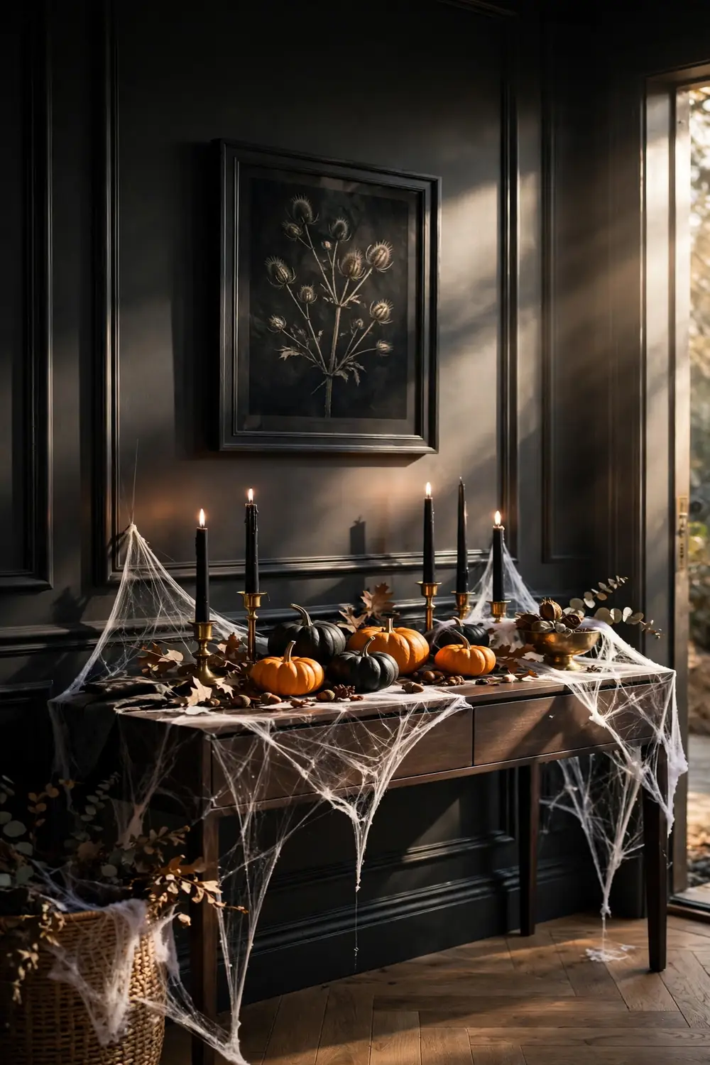 Cobweb Draped Console Styling Entryway console table draped with cobwebs, black candles and mini pumpkins, spooky halloween entryway decor idea