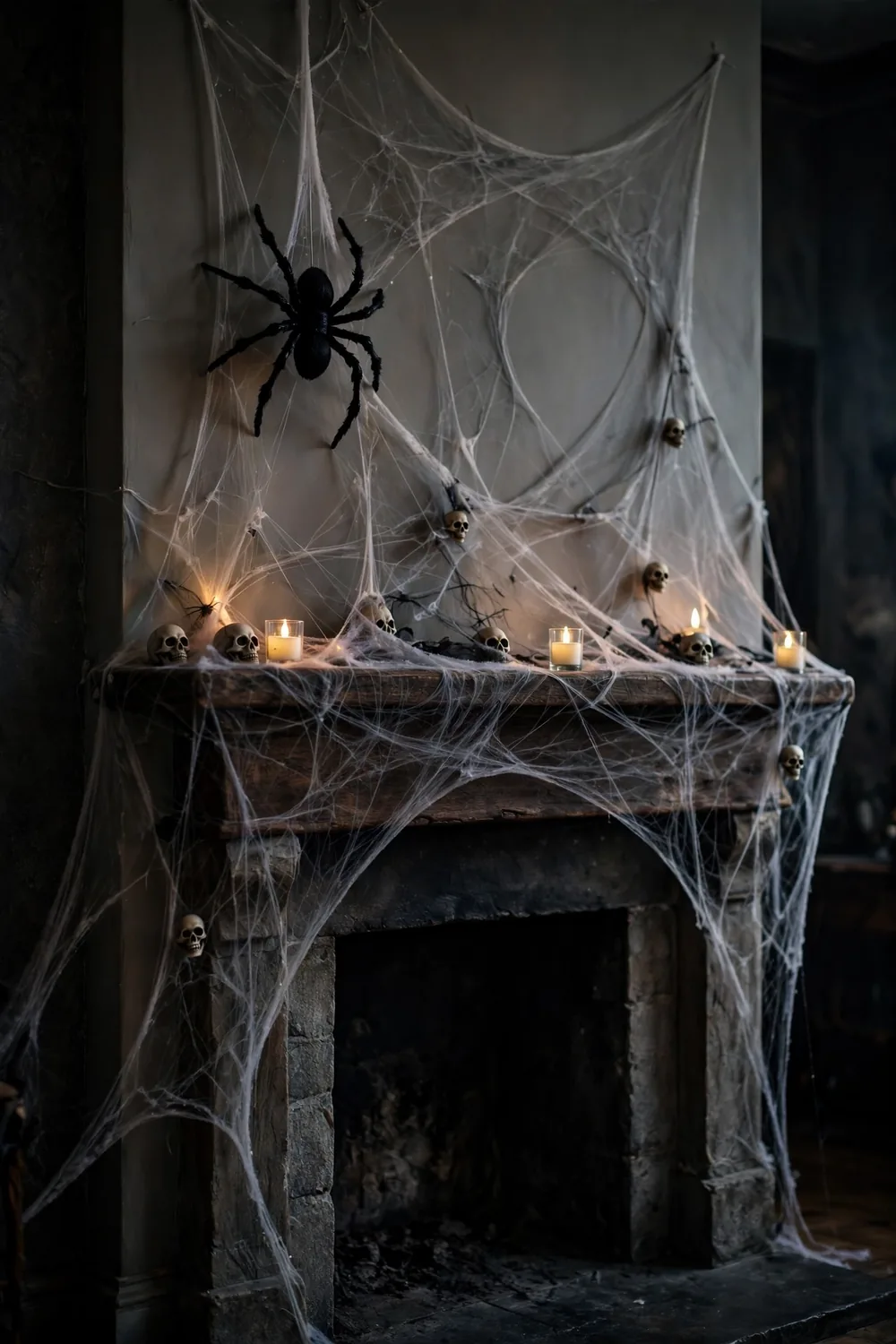 Cobweb and spider Halloween mantel decor Halloween mantel wrapped in cobwebs with a giant decorative spider