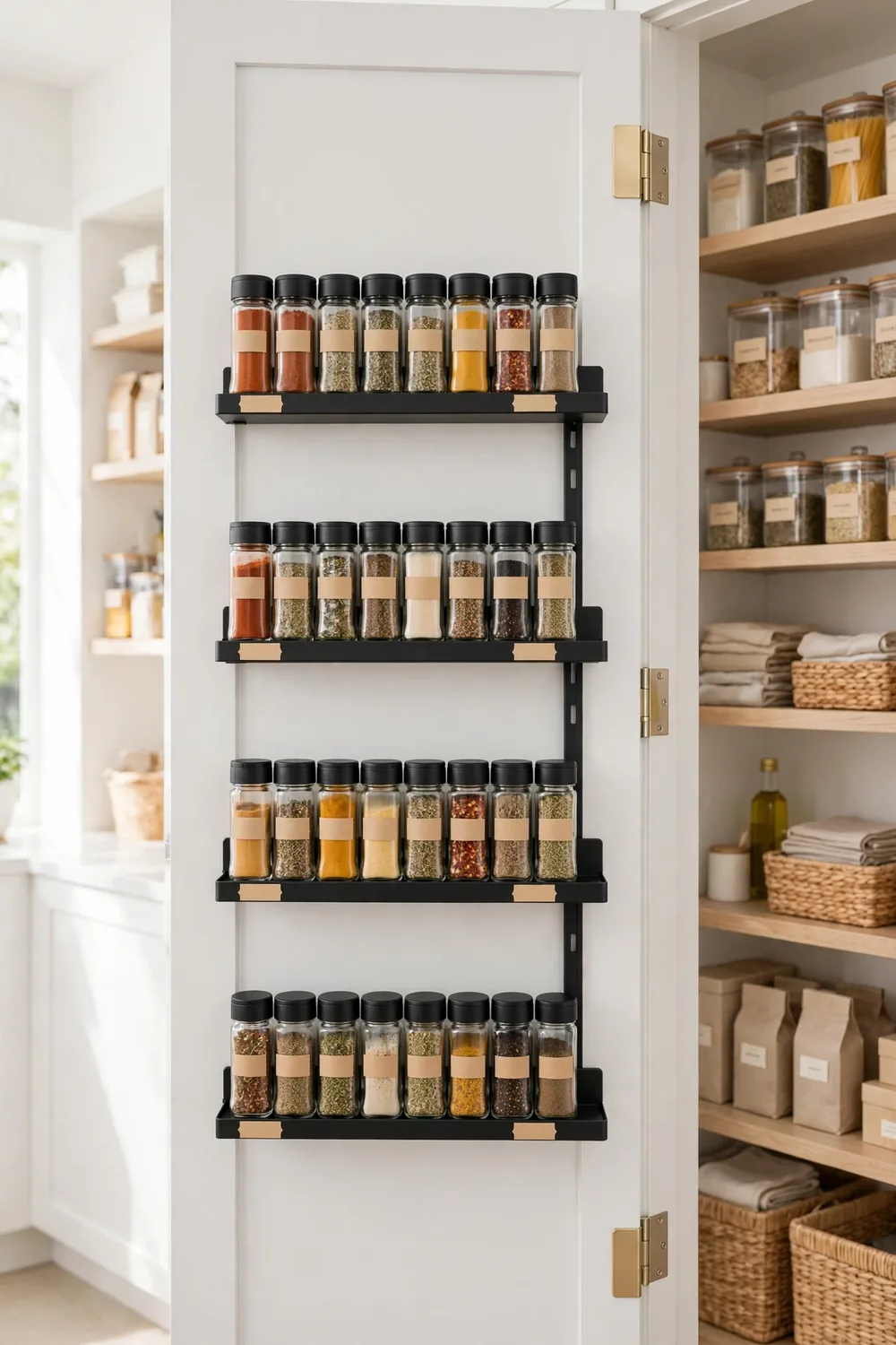 Inside of pantry door with slim mounted spice racks holding uniform spice jars