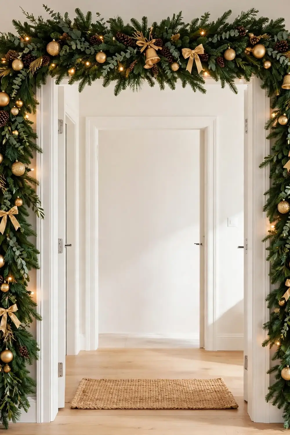 Christmas garland ideas for a doorway arch with evergreen garland, warm lights and gold ornaments for a festive entrance