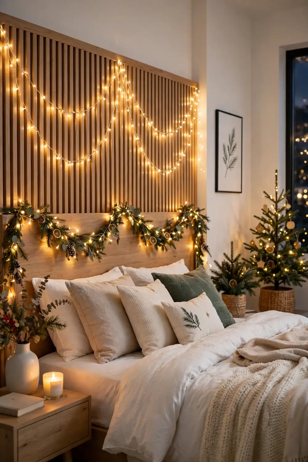 Twinkling fairy lights over the headboard Warm white fairy lights draped over a wooden headboard in a cozy christmas bedroom decor setting