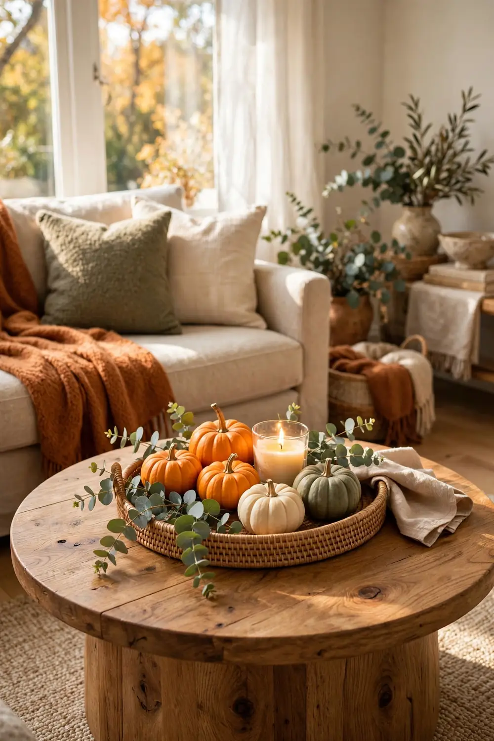 Fall coffee table tray with mini pumpkins and a candle, a cozy fall living room decor idea