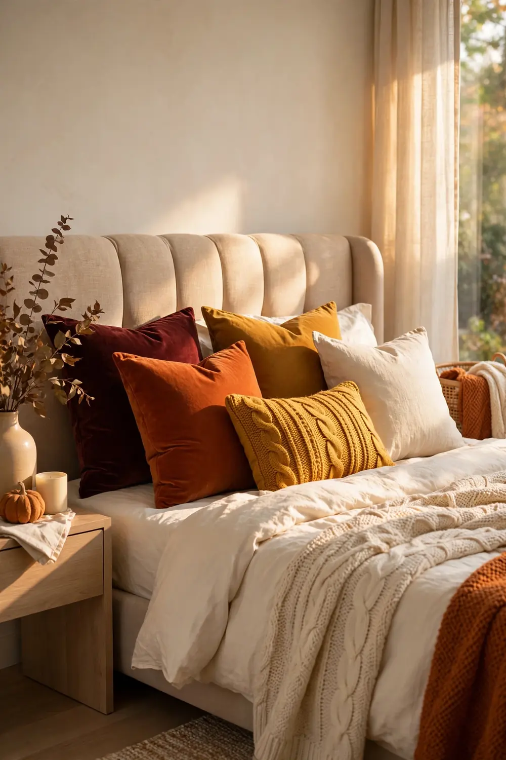 Fall Throw Pillows Bed styled with throw pillows in burnt orange, mustard gold and burgundy velvet, fall bedroom decor ideas