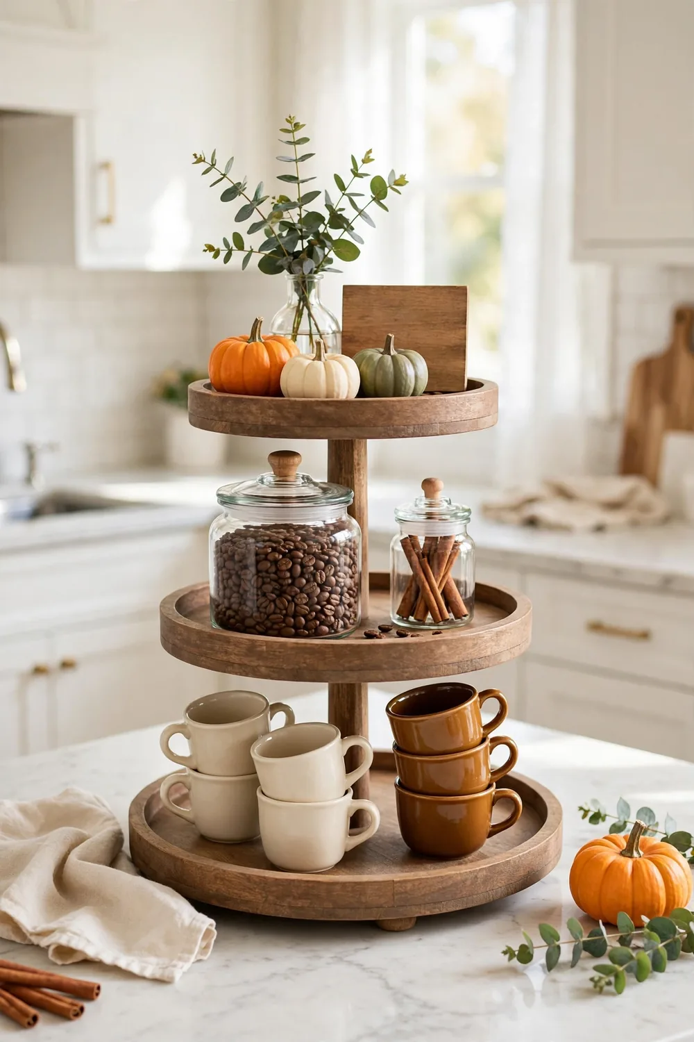 Fall tiered tray decor styled as a cozy coffee bar with mugs and autumn accents
