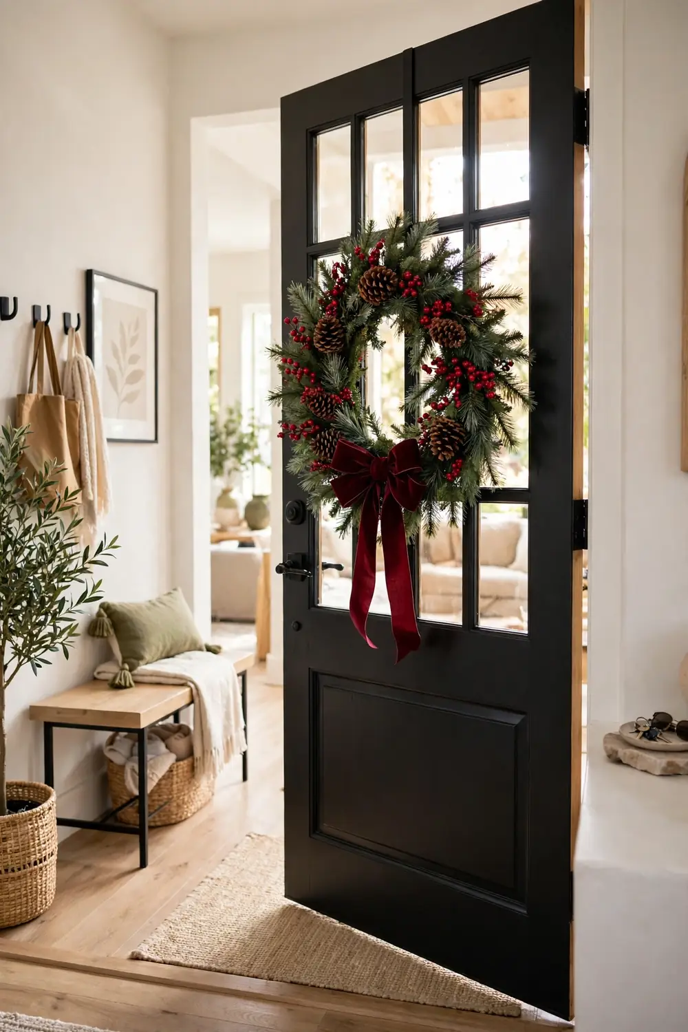 Festive Christmas wreath with berries on a front door seen from inside the home