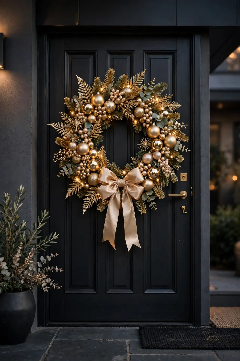 Luxurious gold glam Christmas wreath ideas with metallic ornaments on an elegant entryway